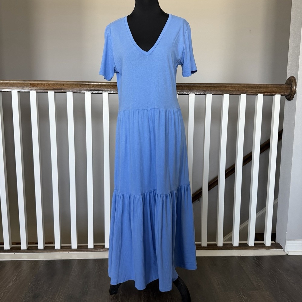 J Crew Tiered Cotton‎ Relaxed Maxi Dress Blue V Neck Sz S Resort Boho Coastal